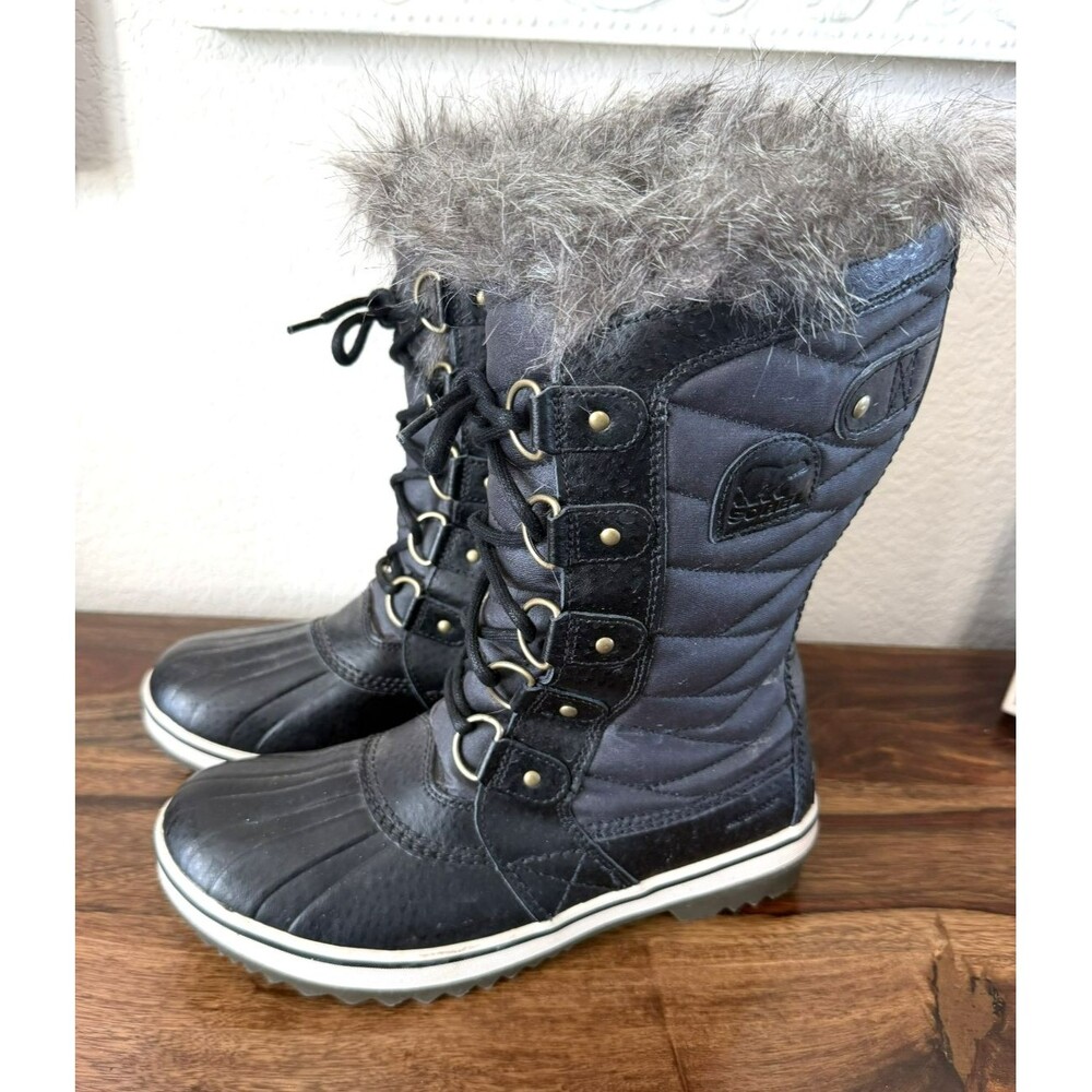 Sorel Women's Waterproof Snow Boots Black Stone Faux Fur Lined Size 8